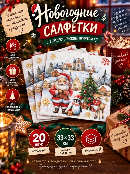 Yangi yil qog‘oz salfetkalari 33×33 sm, 20 dona, bayram va Rojdestvo dasturxoni uchun