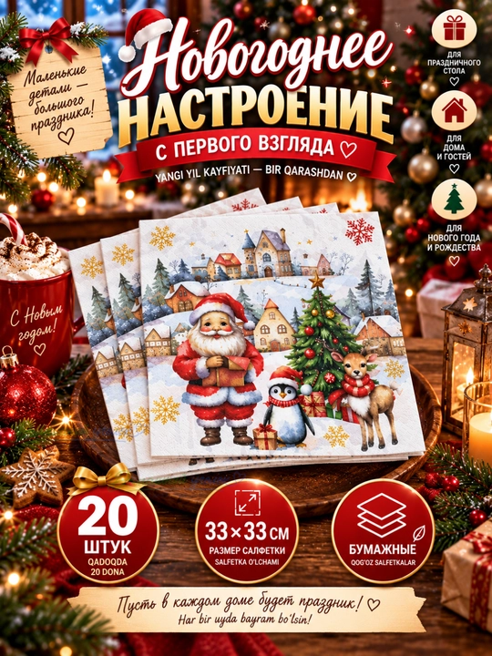 Yangi yil qog‘oz salfetkalari 33×33 sm, 20 dona, bayram va Rojdestvo dasturxoni uchun