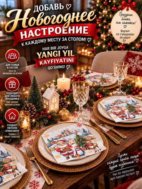 Yangi yil qog‘oz salfetkalari 33×33 sm, 20 dona, bayram va Rojdestvo dasturxoni uchun