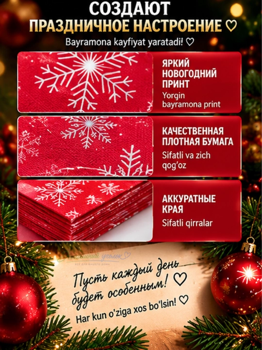Yangi yil qog‘oz salfetkalari 33×33 sm, 20 dona, bayram va Rojdestvo dasturxoni uchun