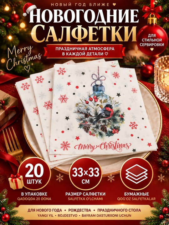 Новогодние салфетки бумажные 33×33см,20шт, праздничные рождественские для сервировки стола - 