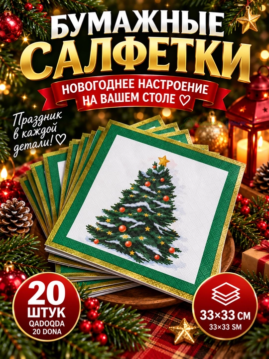 Новогодние салфетки бумажные 33×33см,20шт, праздничные рождественские для сервировки стола - 
