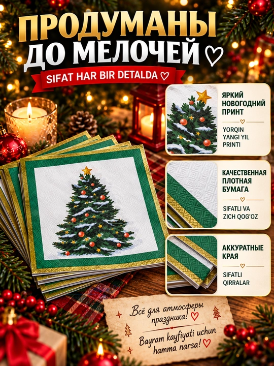 Yangi yil qog‘oz salfetkalari 33×33 sm, 20 dona, bayram va Rojdestvo dasturxoni uchun