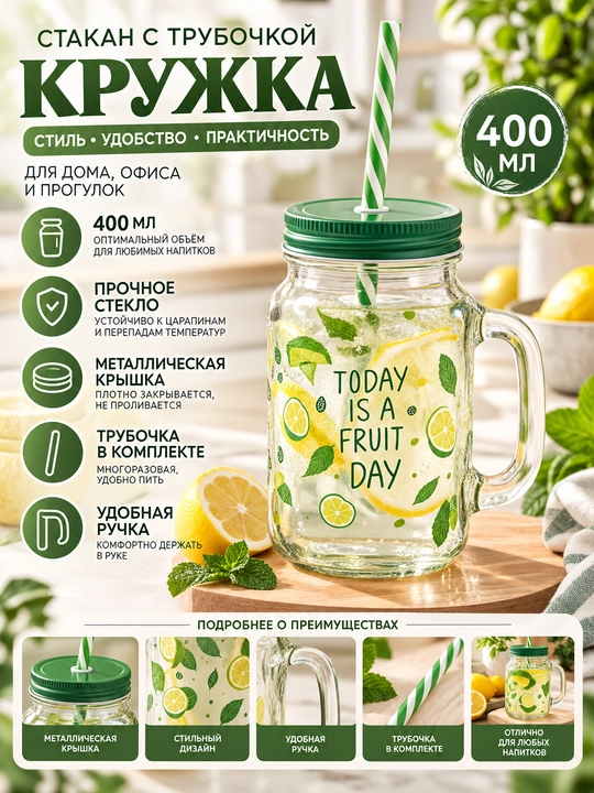 Shisha stakan, naychali krujka, dastasi va metall qopqog‘i bilan, 400 ml - 