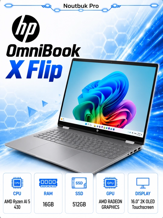 Ноутбук HP OmniBook X Flip AMD Ryzen AI 5 430 RAM 16GB SSD 512GB 16.0" 2K OLED Touchscreen - 