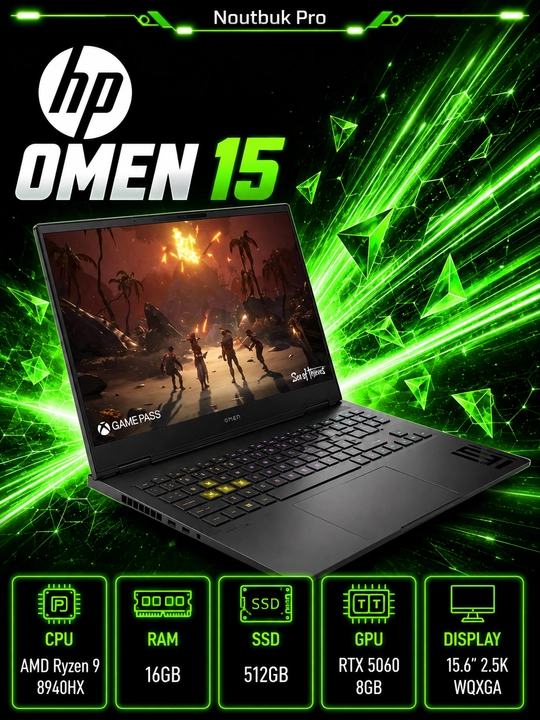 Ноутбук HP OMEN 15 AMD Ryzen 9 8940HX RAM 16GB SSD 512GB RTX 5060 8 GB 15.6" 2.5K WQXGA - 