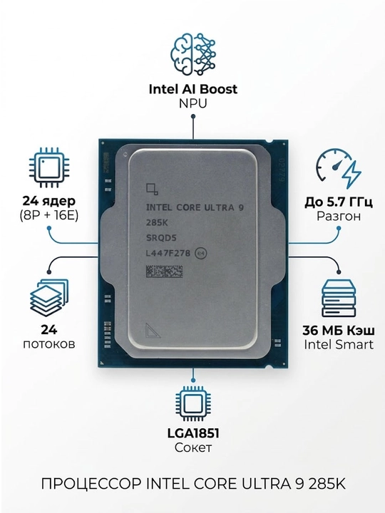 Процессор Intel Core Ultra 9 285K, LGA 1851, 24 ядра, 24 потока, до 5.7 ГГц, DDR5 - 
