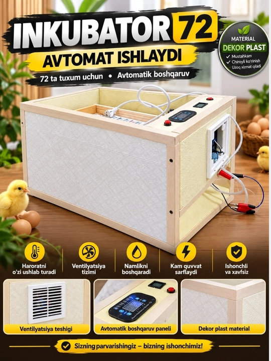 Inkubator tuxum, ochirish uskunasi Avtomat,  12 V ishlaydi, ochish 80% yuqori - 
