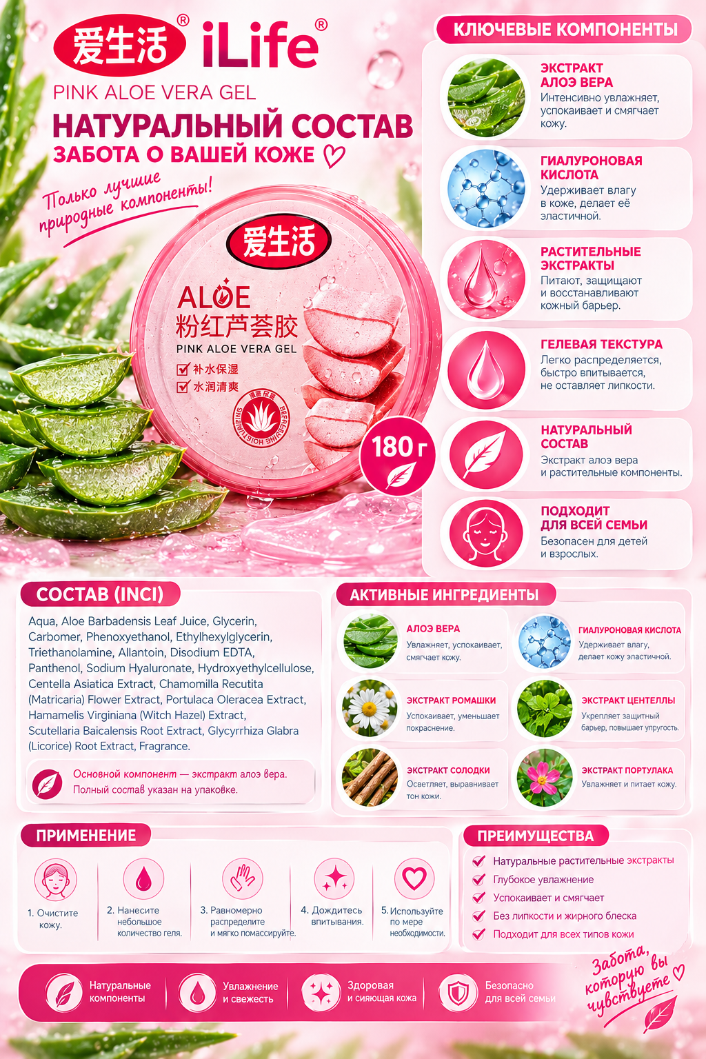 ILiFE Moisturizing Aloe Vera Gel — увлажняющий гель с алоэ вера, 180 г