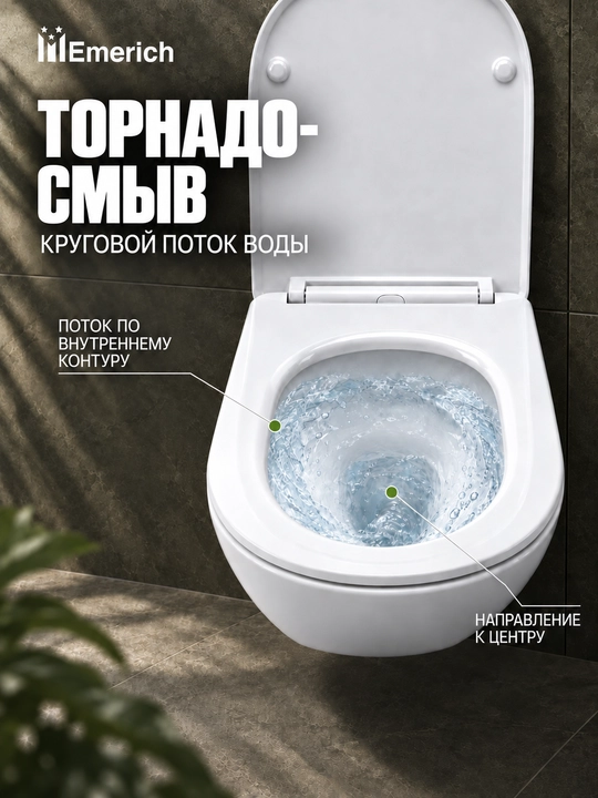 Osma unitaz Emerich 071W, obodoksiz, Tornado yuvish, mikroliftli o‘rindiq