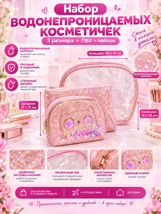 Набор косметичек 3 размера | Водонепроницаемый ПВХ нейлон - 