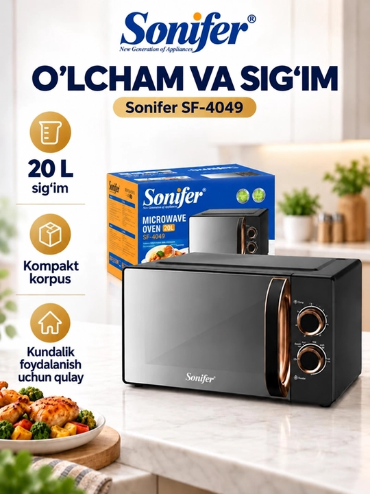 Mikroto‘lqinli pech Sonifer SF-4049, 20 L, mexanik boshqaruv, 1150 W, taymerli