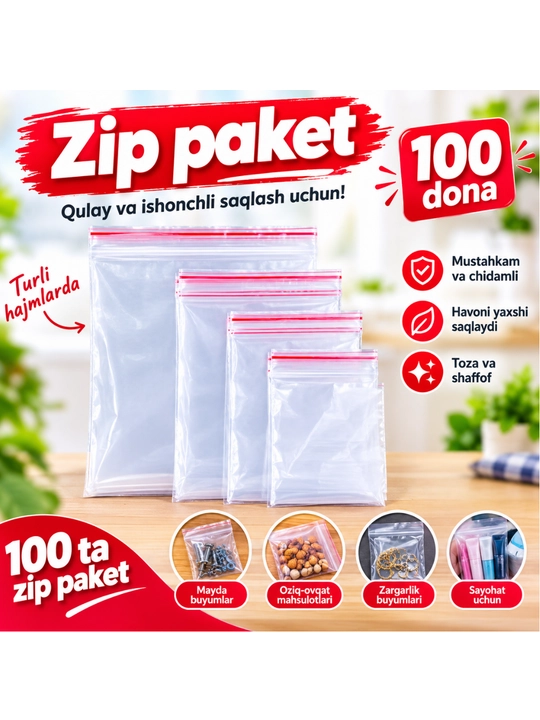 Zamokli paketlar Zip-lock, 100 dona