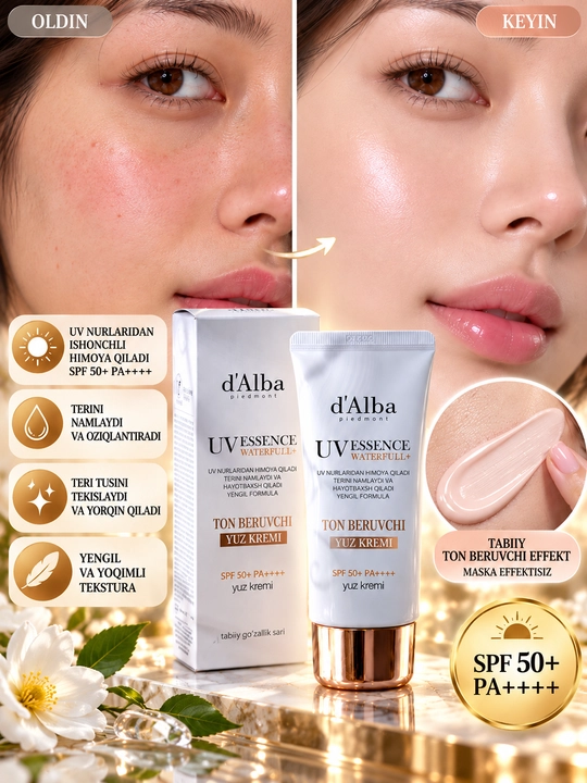 D'Alba SPF 50+ PA++++ yuz uchun tone-up quyoshdan himoyalovchi namlantiruvchi krem