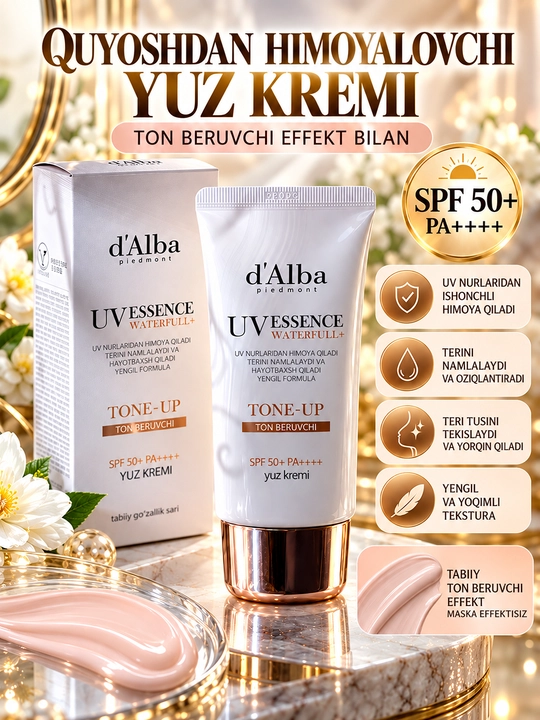 D'Alba SPF 50+ PA++++ yuz uchun tone-up quyoshdan himoyalovchi namlantiruvchi krem