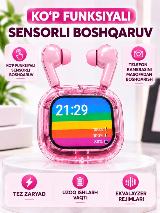 Simsiz quloqchinlar kuchli bass zamonavi dizayn sensorli ekran premium