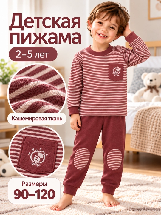 Тёплая детская пижама для мальчика, кашемировый домашний костюм, 2 – 10 лет - 