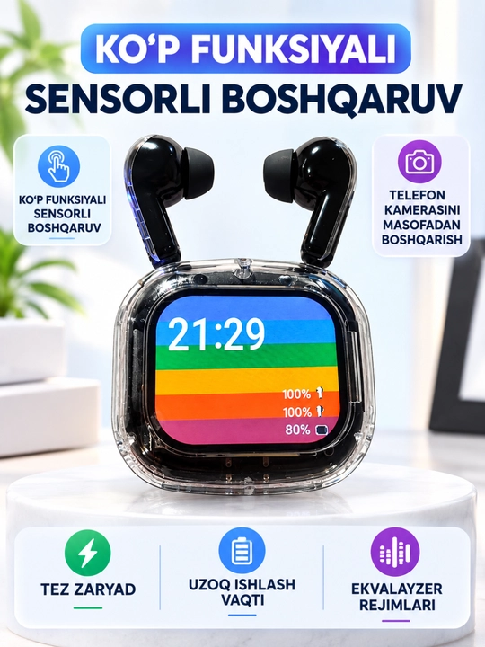 Simsiz quloqchinlar kuchli bass zamonavi dizayn sensorli ekran premium