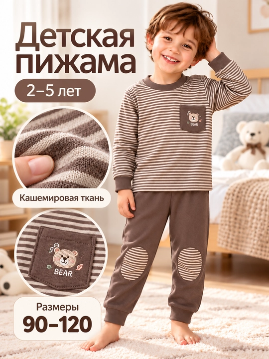 Тёплая детская пижама для мальчика, кашемировый домашний костюм, 2 – 10 лет - 