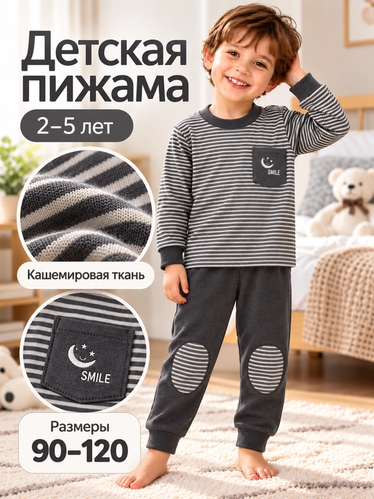 Тёплая детская пижама для мальчика, кашемировый домашний костюм, 2 – 10 лет - 