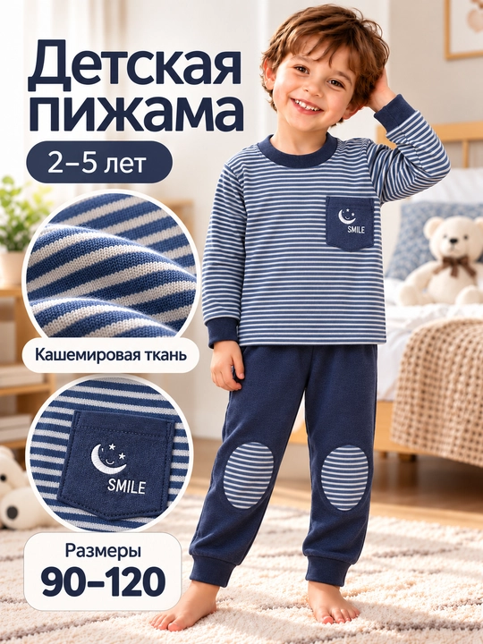 Тёплая детская пижама для мальчика, кашемировый домашний костюм, 2 – 10 лет - 