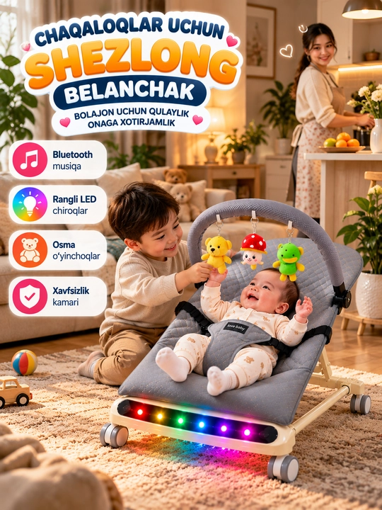 Детский шезлонг, люлька-качалка  новорождённых, кресло-качалка, с LED-подсветкой и музыкой