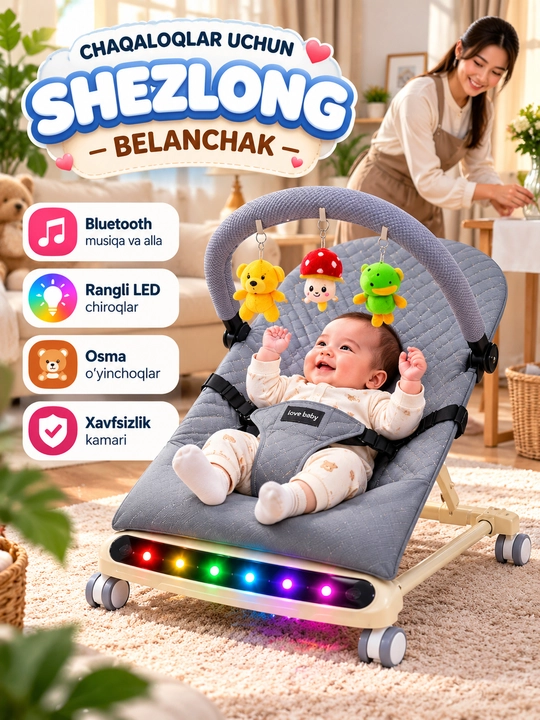 Детский шезлонг, люлька-качалка  новорождённых, кресло-качалка, с LED-подсветкой и музыкой