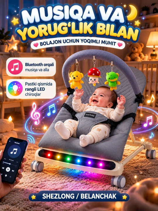 Bolalar uchun shezlong, chaqaloq belanchagi, tebranadigan kreslo, LED panel va musiqali - 