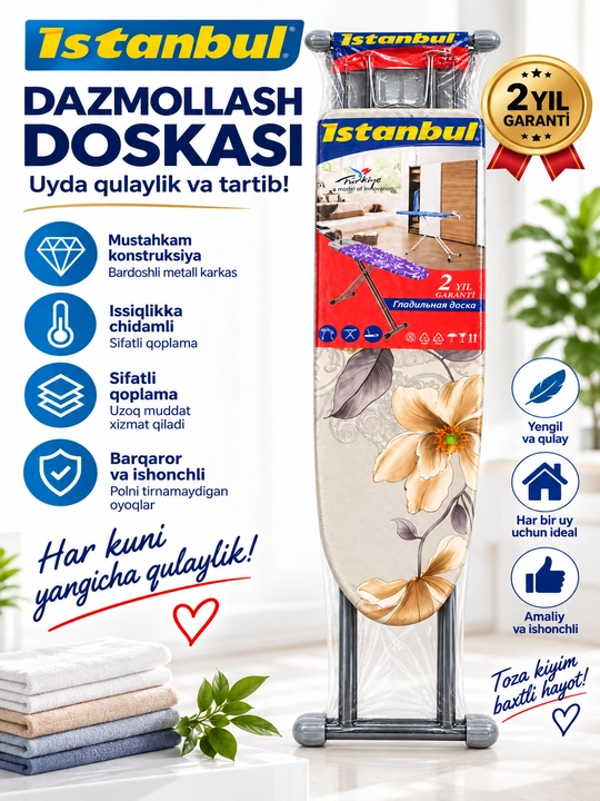Dazmollash doskasi, metall, buklanadigan, balandligi sozlanadigan, dazmol taglikli