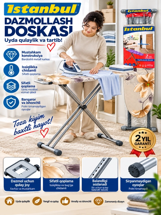Dazmollash doskasi, metall, buklanadigan, balandligi sozlanadigan, dazmol taglikli