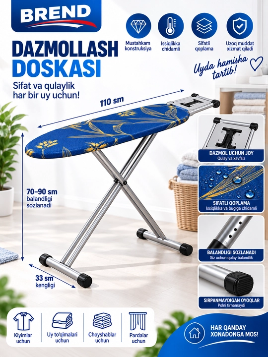 Dazmollash doskasi, metall, buklanadigan, balandligi sozlanadigan, dazmol taglikli