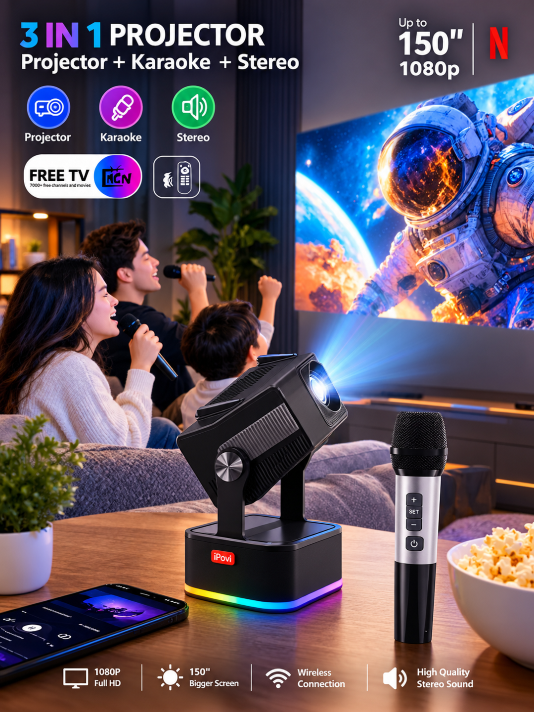 Проектор HCS350 1080P — домашний проектор для кинотеатра и караоке со стереозвуком и микрофоном