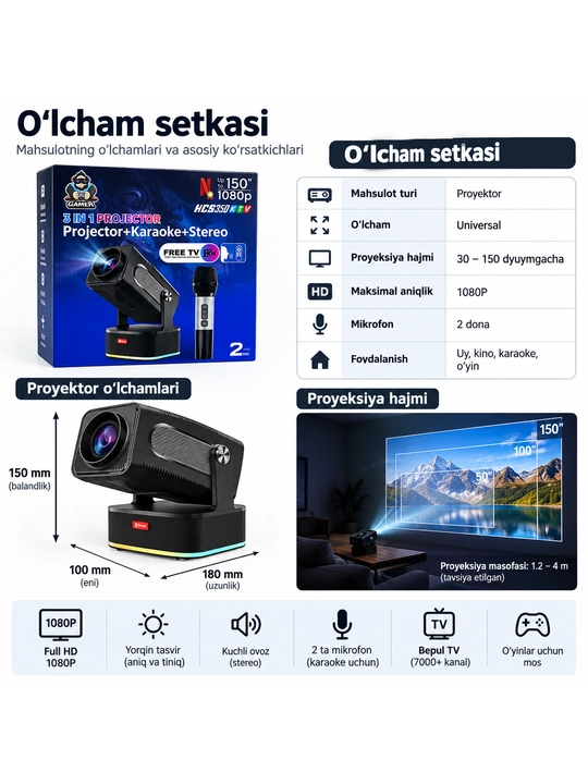 Проектор HCS350 1080P — домашний проектор для кинотеатра и караоке со стереозвуком и микрофоном