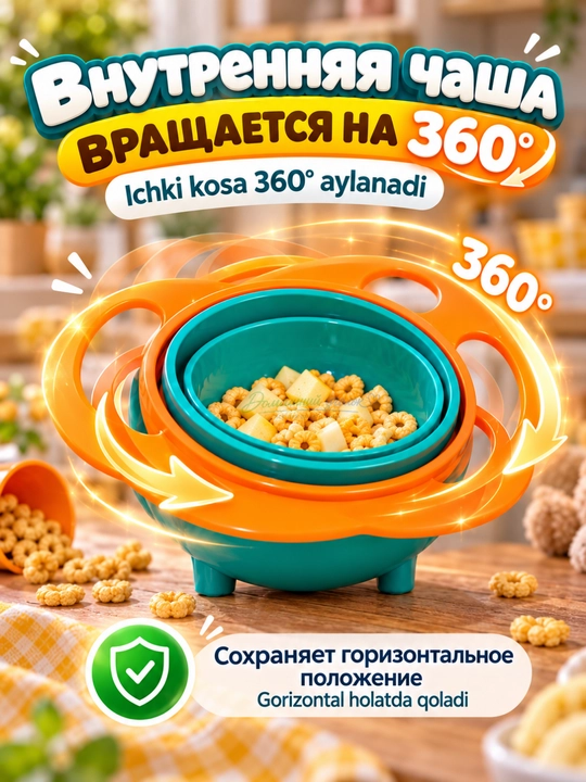 Детская тарелка-непросыпайка 360° с вращающейся чашей и ручками для кормления