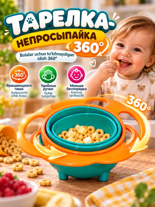 Детская тарелка-непросыпайка 360° с вращающейся чашей и ручками для кормления - 