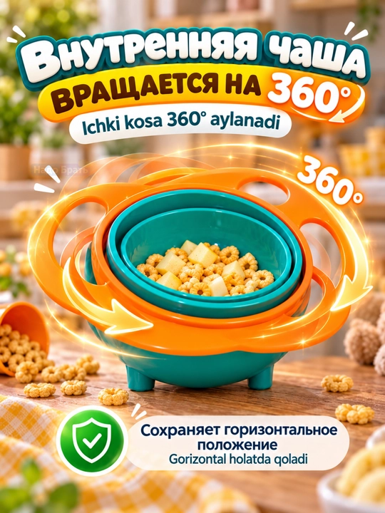 Bolalar uchun 360° aylanadigan to‘kilmaydigan idish, tutqichli ovqatlanish kosasi
