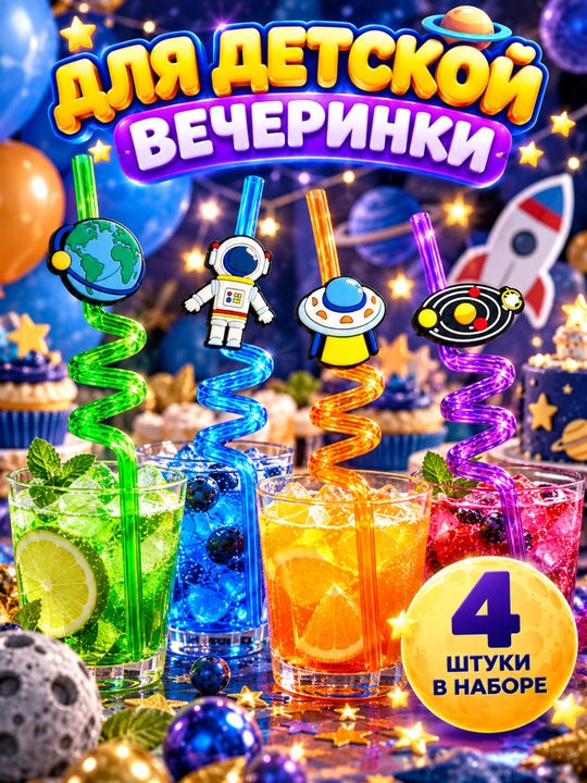Фигурные трубочки для напитков Космос, набор 4 шт, для детей и праздника