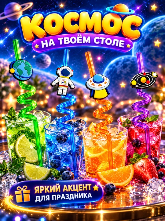 Фигурные трубочки для напитков Космос, набор 4 шт, для детей и праздника