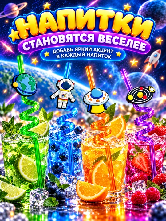Фигурные трубочки для напитков Космос, набор 4 шт, для детей и праздника