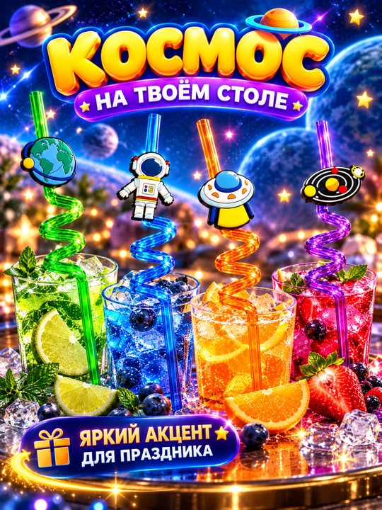 Фигурные трубочки для напитков Космос, набор 4 шт, для детей и праздника