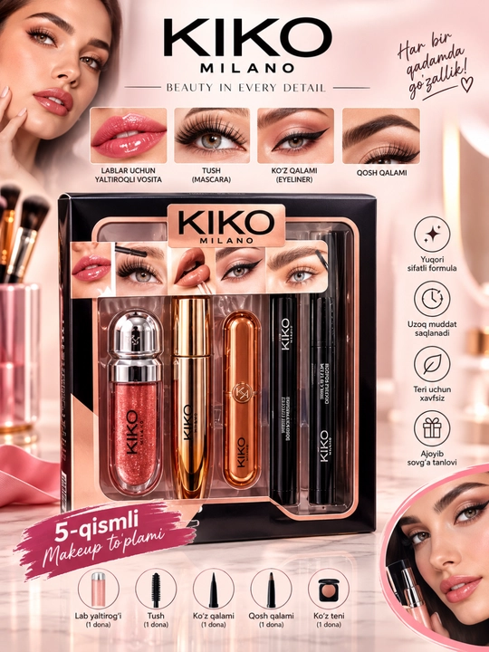 KIKO Milano kosmetika to‘plami 5 tasi 1 da, lab bo‘yog‘i, tush, ko‘z qalami va tenlar - 