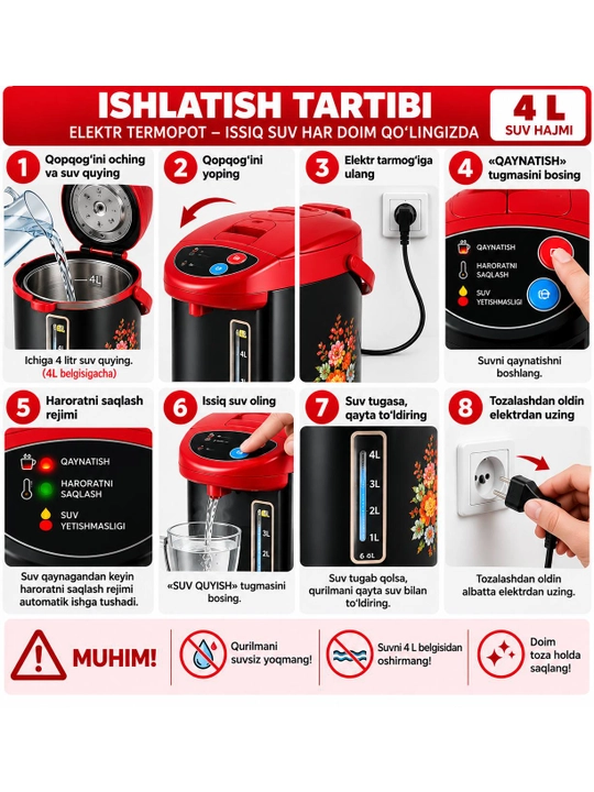 Elektr termopot 6,8 litr, suv qaynatgich va issiq suv saqlagich