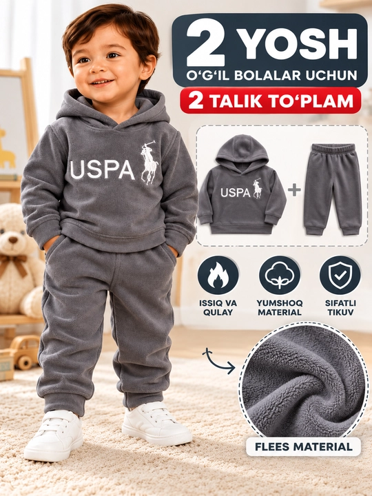 2 yoshli o‘g‘il bolalar uchun 2 talik to‘plam, issiq flisli xudi va shim, kuz-qish