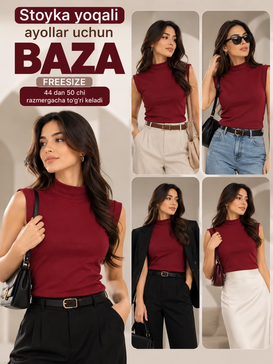 Ayollar uchun krop top, stoyka yoqali baza, yengsiz 44-54 gacha keladi free size, Xitoy