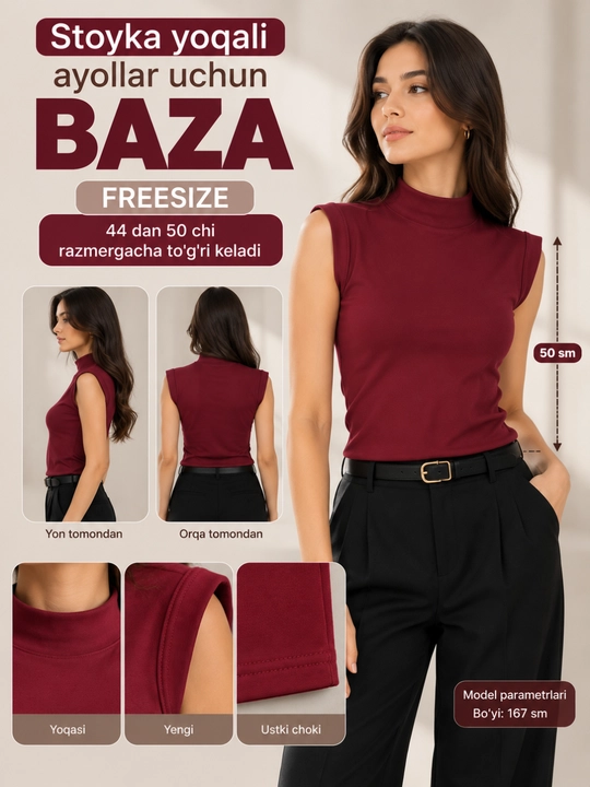 Ayollar uchun krop top, stoyka yoqali baza, yengsiz 44-54 gacha keladi free size, Xitoy