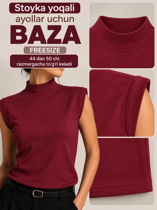 Ayollar uchun krop top, stoyka yoqali baza, yengsiz 44-54 gacha keladi free size, Xitoy