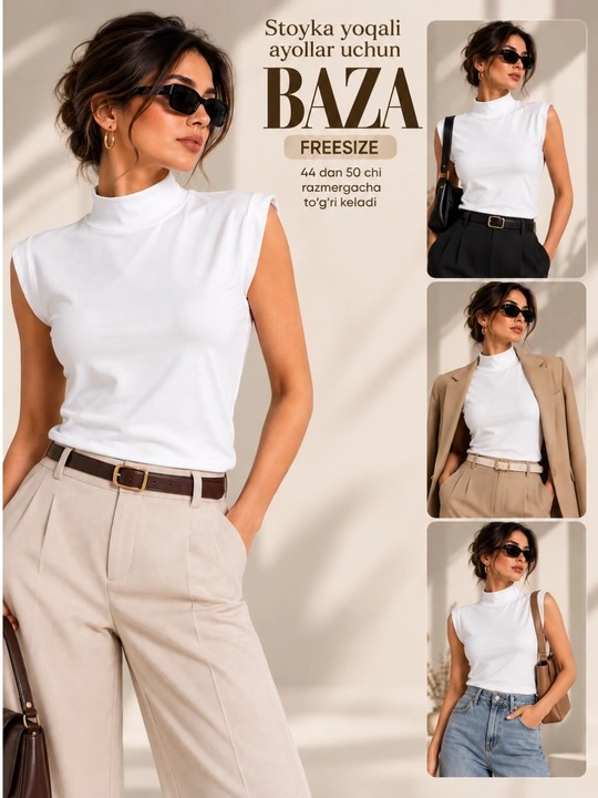 Ayollar uchun krop top, stoyka yoqali baza, yengsiz 44-54 gacha keladi free size, Xitoy