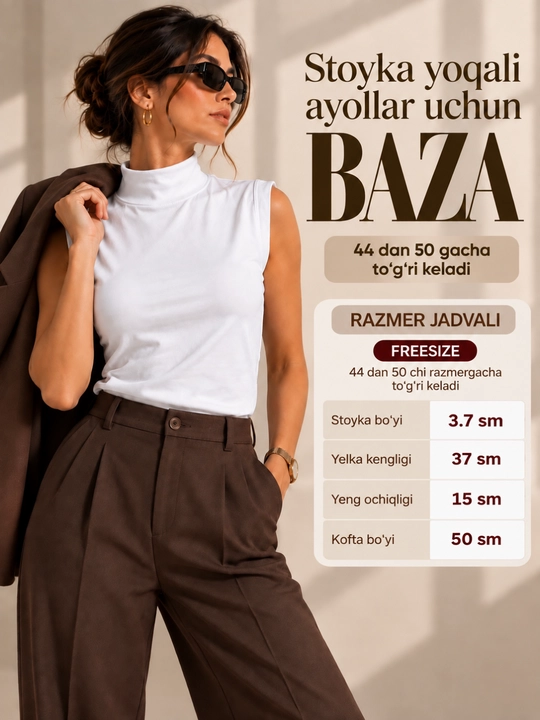 Ayollar uchun krop top, stoyka yoqali baza, yengsiz 44-54 gacha keladi free size, Xitoy