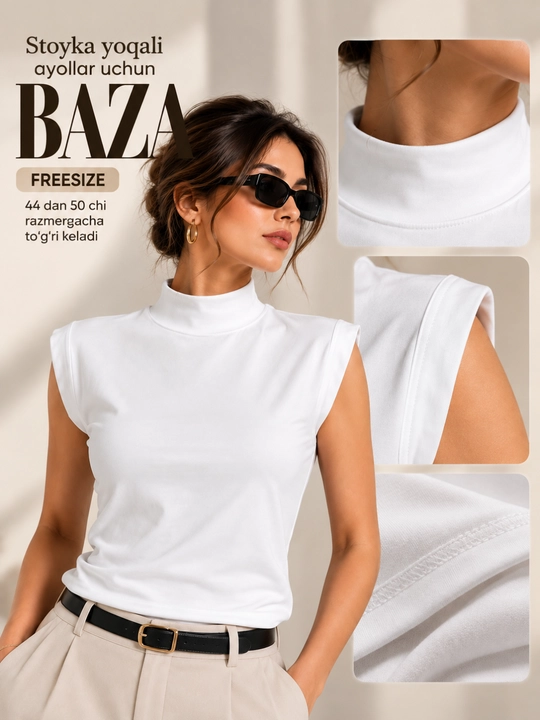 Ayollar uchun krop top, stoyka yoqali baza, yengsiz 44-54 gacha keladi free size, Xitoy