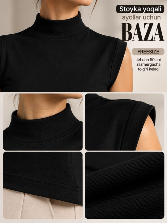 Ayollar uchun krop top, stoyka yoqali baza, yengsiz 44-54 gacha keladi free size, Xitoy